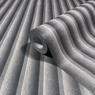 Non-woven wallpaper in gray brown 3D look acoustic panel look wood stripes classic  