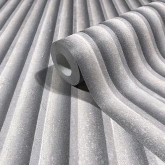 Tapeta z włókniny w kolorze szarym o wyglądzie panelu akustycznego 3D w klasyczne drewniane paski  