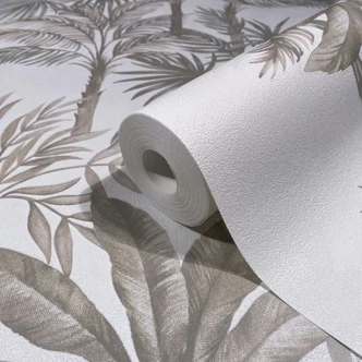 Vliestapete in Weiß Beige Bäume Blätter Dschungel Floral Natur  
