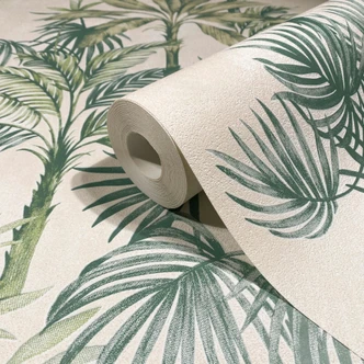 Non-woven tapet i beige grøn træer blade jungle blomster natur  