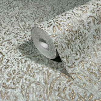 Vliestapete in Blau, Gold Blattmotiv Floral Natur 