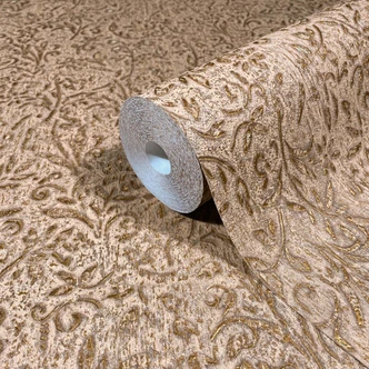 Vliestapete in Braun, Gold Blattmotiv Floral Natur 