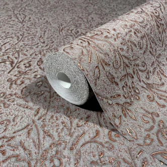 Vliestapete in Grau, Kupfer Blattmotiv Floral Natur 