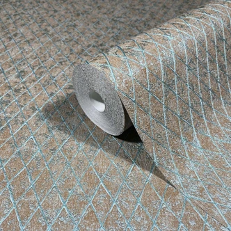 Non-woven tapet i brunt, blått diamantmönster grafiskt geometriskt 