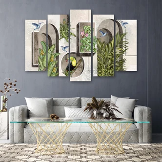 Leinwandbild 5 teilig, Formen in der Wand mit Pflanzen und Vögeln Toucan Koliber 