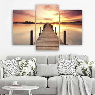 Leinwandbild 3-teilig, Steg See Sonnenuntergang 