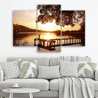 Leinwandbild 3-teilig, Sonnenuntergang See 