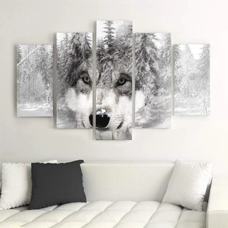 Wandbild 5-teilig, Wolf Wald Tier Grau 