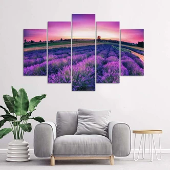 Leinwandbild 5 teilig, Lavendel Lila Feld 