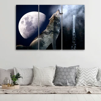 Leinwandbild 3-teilig, Wolf Natur Mond Nebel 