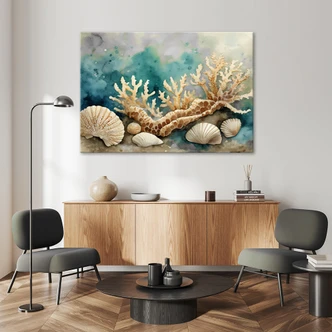 Leinwandbild Muscheln und Seesterne türkis 