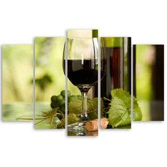 Leinwandbild 5 teilig, Rotweinglas mit Trauben Leinwandbild 5 teilig, Rotweinglas mit Trauben