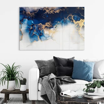 Tableau sur verre acrylique Marbre abstrait avec effet bleu et or 