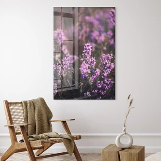 Tableau en verre acrylique Floral-romantique - Fleur de bruyère mauve dans la lumière chaude - Annie 