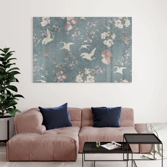 Acrylglasbild Kraniche im Kirschblüten-Rausch Blau - Bloomery Decor 