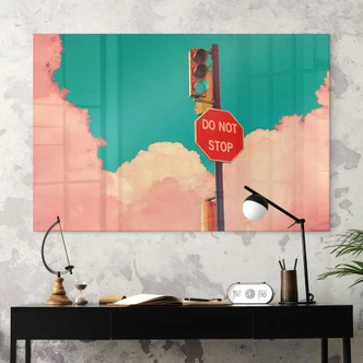 Tableau sur verre acrylique Do Not Stop - Panneau sur fond de ciel bleu turquoise - CosmoZach 