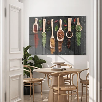 Tableau sur verre acrylique Herbes et épices sur une cuillère en bois - Dingemans 