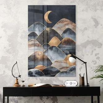 Tableau sur verre acrylique Fredriksson - Montagnes au clair de lune doré 