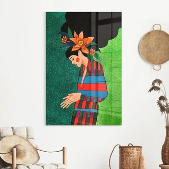 Tableau en verre acrylique Femme en robe à rayures avec fleurs oranges - Hülya 