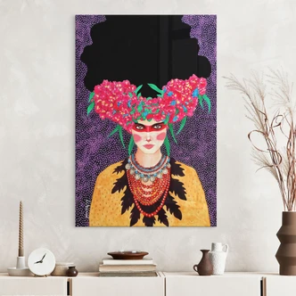 Tableau en verre acrylique Femme avec couronne de fleurs et amidon - Hülya 