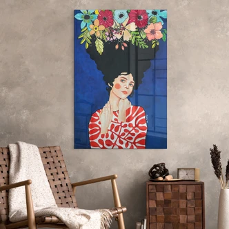 Tableau en verre acrylique Femme avec des fleurs dans les cheveux - Hülya 