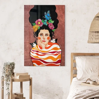 Tableau en verre acrylique Femme avec couronne de fleurs et chats - Hülya 