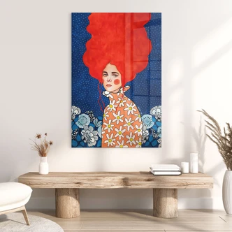 Tableau en verre acrylique Femme aux cheveux roux et aux fleurs - Hülya 