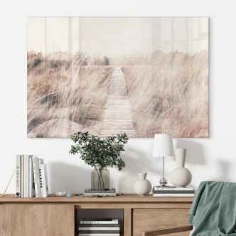 Tableau sur verre acrylique Paysage de rêve avec passerelle en bois 