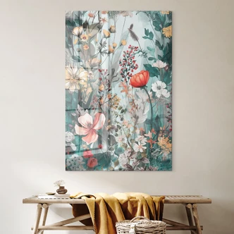 Tableau sur verre acrylique Pré printanier avec fleurs - Jaszke 