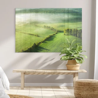 Tableau en verre acrylique Champs idylliques dans le brouillard - Keller 