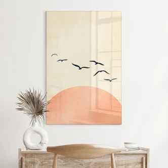 Akrylbillede Sværm af fugle ved solnedgang - Kubistika Akrylbillede Sværm af fugle ved solnedgang - Kubistika