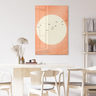 Akrylbillede Sværm af fugle foran den varme sol - Kubistika 