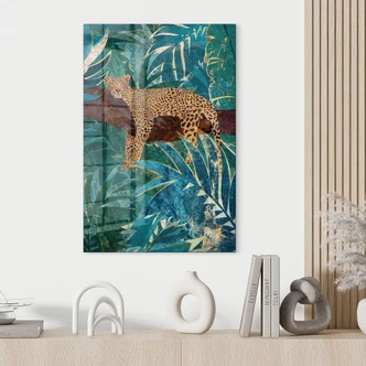 Tableau en verre acrylique Léopard dans la jungle émeraude - Manovski 