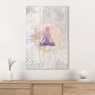 Tableau en verre acrylique Siège du lotus - Méditation dans la lumière dorée - Manovski 