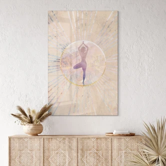 Tableau en verre acrylique Yoga posture de l'arbre dans le cercle du soleil - Manovski 