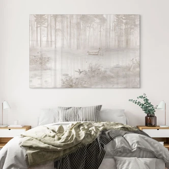 Acrylglas afbeelding Bos bij het meer in mist in beige - Ms Tiff 