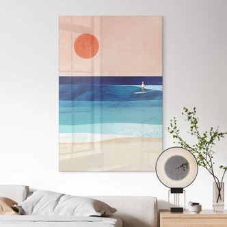 Tableau en verre acrylique Fillette surfeuse au coucher du soleil - Rivers 