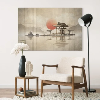Tableau en verre acrylique Temple japonais au lever du soleil - Roze 