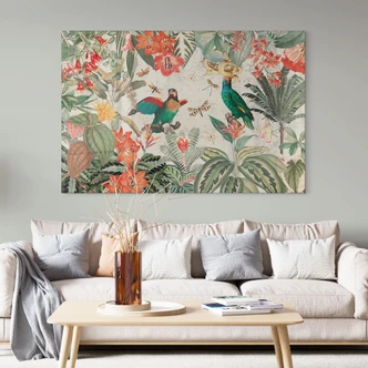 Tableau sur verre acrylique Jungle exotique avec perroquets - UN Designs 