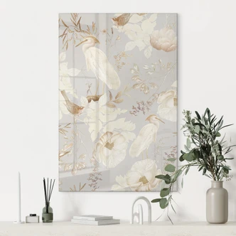 Tableau en verre acrylique oiseaux parmi les fleurs blanches - UN Designs 