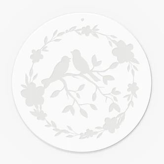 Acrylglasbild, Fensterbild zum Aufhängen Vogelpaar mit Blütenkranz - Rund 