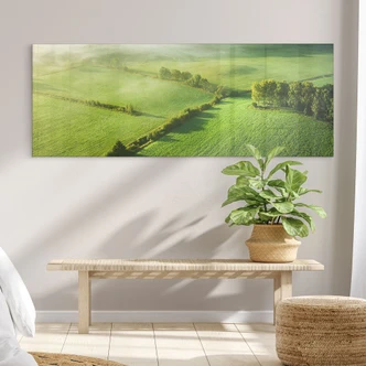 Tableau en verre acrylique Champs idylliques dans le brouillard - cave | motif nature pour salon - panorama 