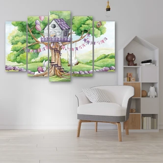 Leinwandbild 5 teilig, Weiße Kaninchen Hütte auf dem Baum 