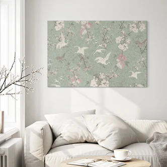 Wandbild Kraniche im Kirschblüten-Rausch Grün - Bloomery Decor - Alu-Dibond Wandbild Kraniche im Kirschblüten-Rausch Grün - Bloomery Decor - Alu-Dibond
