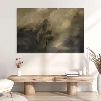 Wanddecoratie Bomen in de mist bij schemering - Hobday - Aluminium dibond 