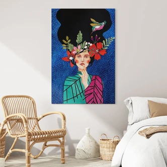 Wandbild Frau mit Kolibri in der Sternennacht - Hülya - Alu-Dibond 