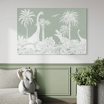 Wanddecoratie Groene oerwerelden - Dinosaurussen onder palmbomen - Kikki Belle - aluminium dibond 