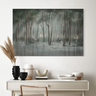 Wandbild Nebelwald am See mit Reiher in Grün - Ms Tiff - Alu-Dibond 