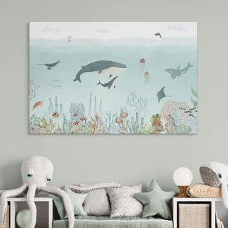 Wanddecoratie Onderwateravontuur met zeedieren - Blauw - Oliver Robins - Aluminium dibond 