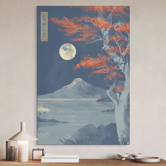 Wanddecoratie volle maan op de top van Fuji-san - Roze - Alu-Dibond 